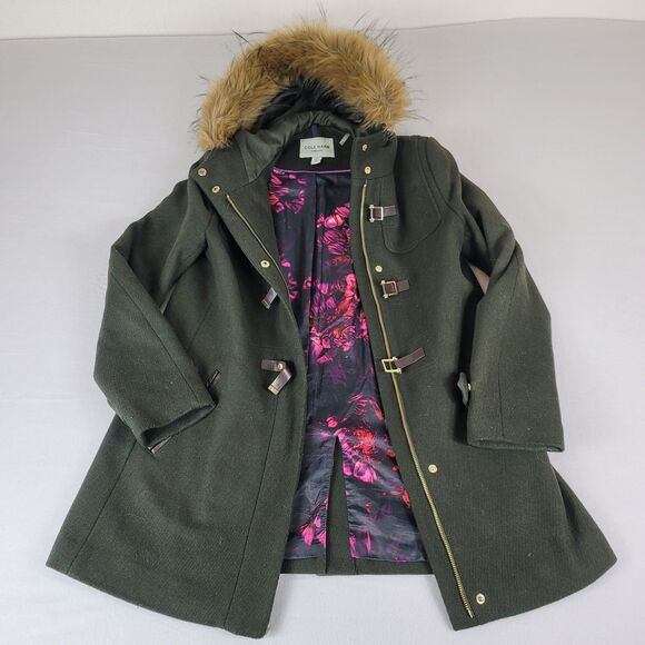 Cole Haan Women's 3/4 Signature Black Faux Fur Trim Clasp Closure Coat Size Six - Picture 1 of 7